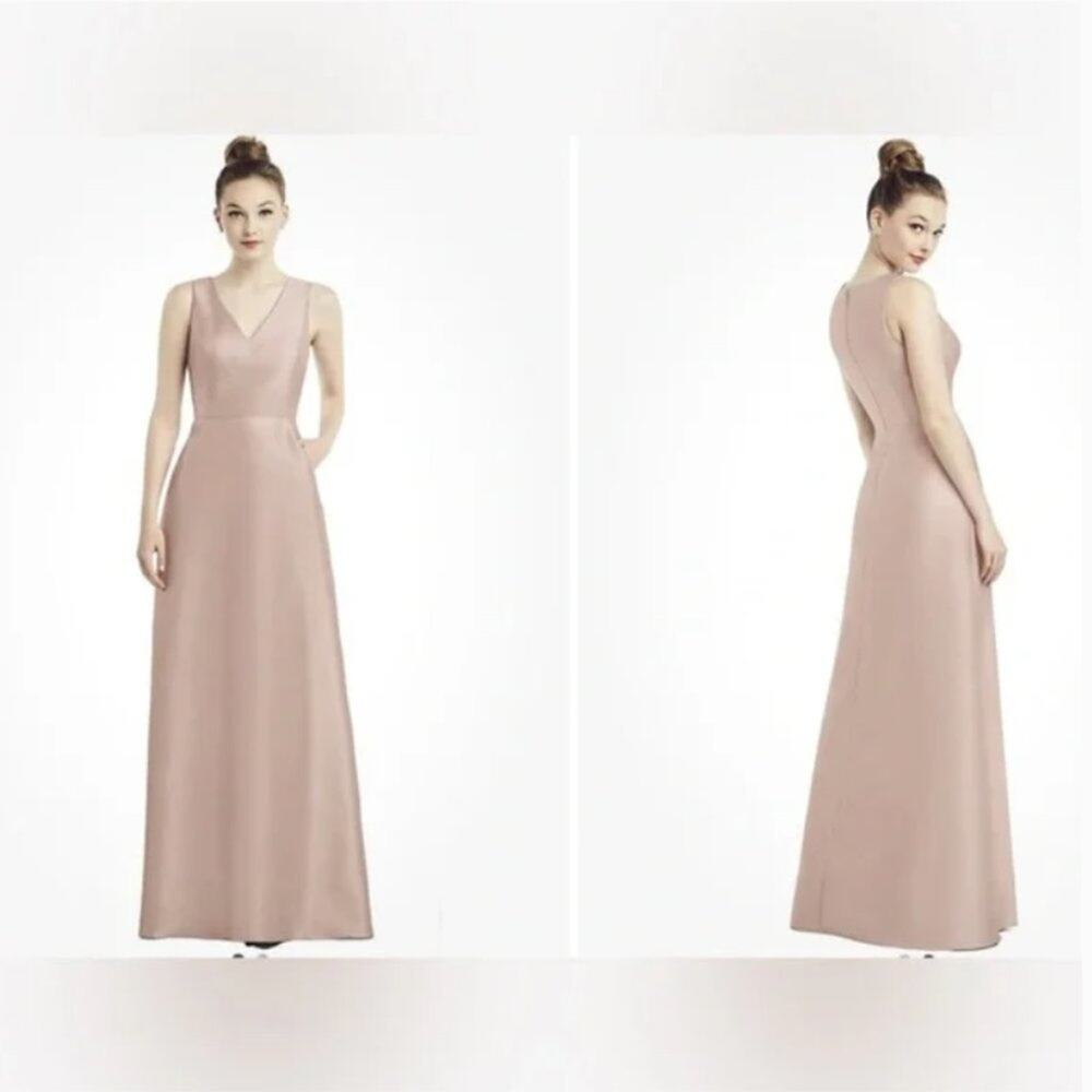 Alfred Sung Sleeveless Satin Twill Full Length V-neck Dress